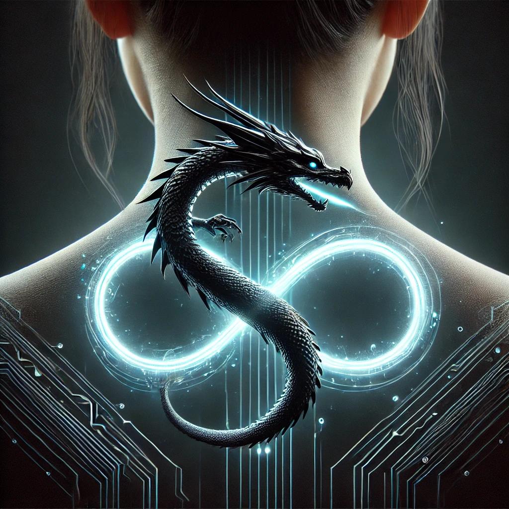 DALL·E 2024-12-22 00.30.54 - A highly detailed and artistic representation of a black dragon shaped like an infinity symbol, glowing softly with a futuristic blue light, on the ba.webp